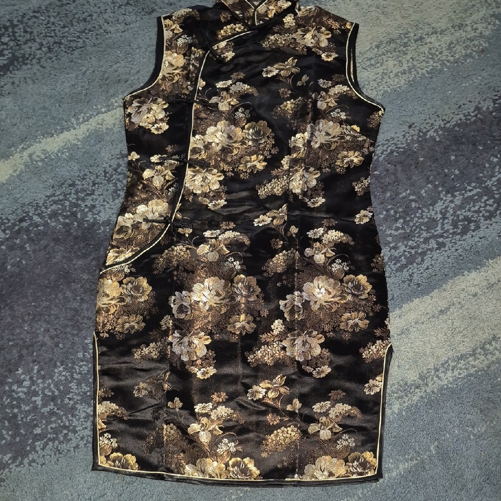 Original Beautiful SIMEIJIN Asia cheongsam qipao dress silk gold black Size XL